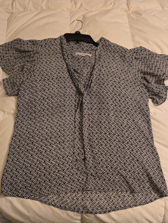LOFT Tops - LOFT Navy, light blue and White Tie-Neck Printed Blouse